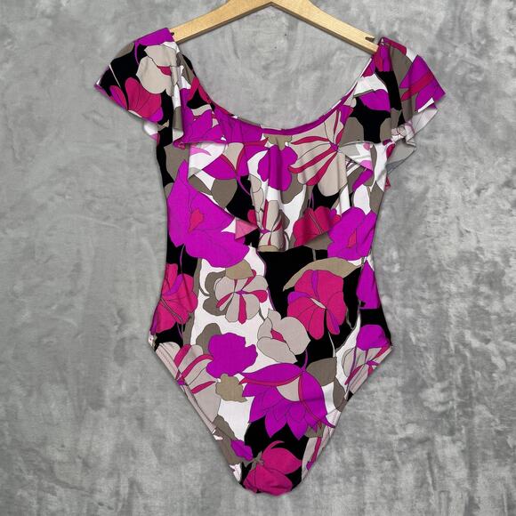 Trina Turk Swimsuit Womens 8 One Piece Pink Black Ruffle Floral Bathing Suit - Picture 2 of 7